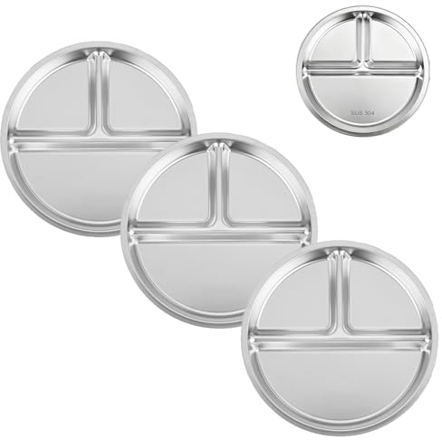 PandaEar Platos divididos de acero inoxidable para niños, platos de control de porciones de 8.1 pulgadas con 3 compartimentos, platos de metal reutilizables para comidas equilibradas, camping y uso