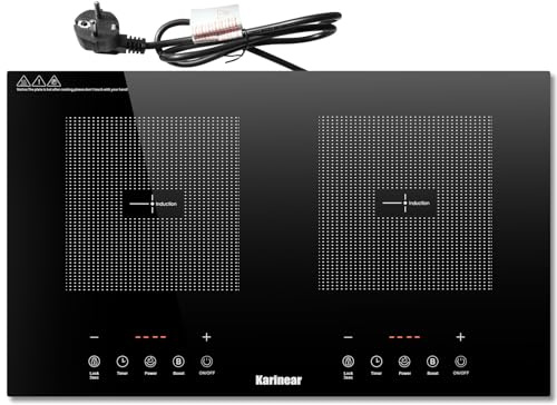 Karinear Plaque à Induction 2 Feux Portable avec Prise | Fonction Booster, Minuterie de 240 Minutes, Sécurité Enfants, Contrôle Tactile, 3500W, 220V