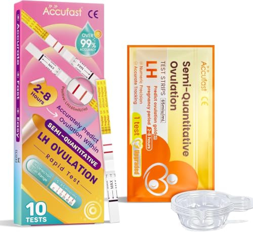 Accufast Ovulation Test Strips 10Pcs,5–65 MIU/mL Semi-Quantitative LH Test | 10 Ovulation Tests with Urine Cups, Helps Track LH Level Changes and Identify Your Most Fertile Days