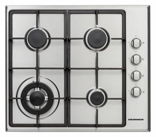 HEINNER HBH-V4IWFSCIX Einbau-Gaskochfeld 58 cm, 4 leistungsstarke Gasbrenner, Elektrische Zündung, Sicherheitssystem, Emaille-Topfträger, Edelstahl, langlebig, pflegeleicht, 5 Jahre Garantie