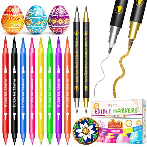 Lebensmittelfarbe Stifte - 10 Stücke Lebensmittelstift mit feiner & dicker Spitze, Lebensmittelfarbe zum Bemalen von Kuchen, Keksen, Fondant, Zuckerguss, Ostereiern, Lebensmittelechte Gourmet-Stifte