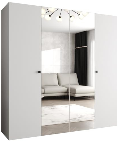 MEBLE KRYSPOL - Kleiderschrank - Garderobenschrank - 200 cm x 202 x 52 cm - Schrank mit Kleiderstange und Spiegel, 4 Türen - für Schlafzimmer, Flur - Parma, Weiß, Griff Schwarz