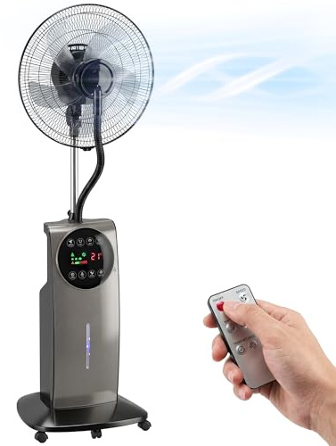 HOMCOM Ventilateur brumisateur silencieux 90W, ventilateur sur pied 138cm, oscillation 70°, 3 vitesses, 3 modes, ionisation négative, antimoustique, réservoir d'eau 3,1L, télécommande et minuterie 12h
