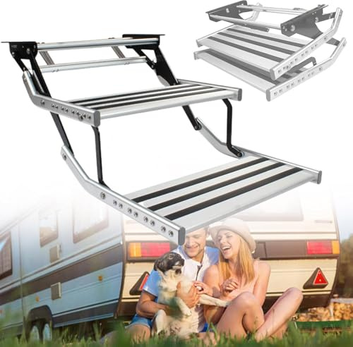 OWOHYG Scaletta Pieghevole A LED per Camper, Scala Retrattile Manuale Ed Elettrica, Portata Massima 200 kg, Accesso Sicuro per Camper, Portatile, Resistente, Facile da Usare, Ideale.