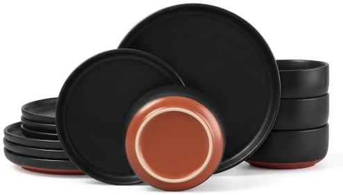 Herogo 12 Pieces Reactive Glaze Dinner Set Service for 4 - Matte Black | Dishwasher Safe, Scratch Resistant, Stoneware Dinnerware Set Speckled Plate and Bowl Set with Auburn Red Bottom