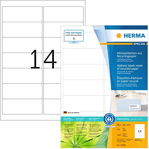 HERMA 10826 Recycling Etiketten, 100 Blatt, 99,1 x 38,1 mm, 14 pro A4 Bogen, 1400 Stück, selbstklebend, bedruckbar, matt, blanko Recycling-Papier Klebeetiketten Aufkleber, natur-weiß