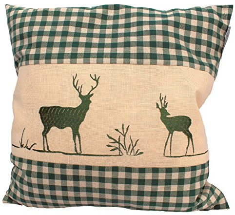 Zirbenkissen grün kariert mit Hirsch Stickerei befüllt mit Zirbenflocken aus Zirbenholz in extra Inlett Größe 40x40 cm