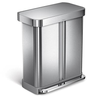 simplehuman CW2025 cubo doble compartimento con pedal y almacén de bolsas de basura, acero inoxidable cepillado, 58 L (34/24)