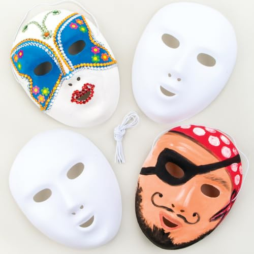 Baker Ross Máscaras flocadas en blanco que los niños pueden diseñar, pintar y usar como parte de un disfraz en una fiesta infantil de carnaval (pack de 8).