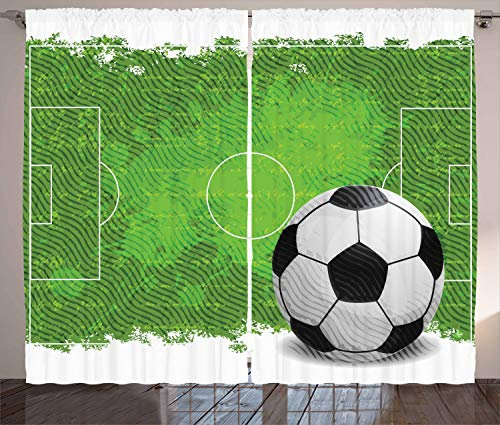 ABAKUHAUS Fußball Rustikaler Gardine, Grunge Fußball-Entwurf, Schlafzimmer Kräuselband Vorhang mit Schlaufen und Haken, 280 x 245 cm, Schwarz Grün