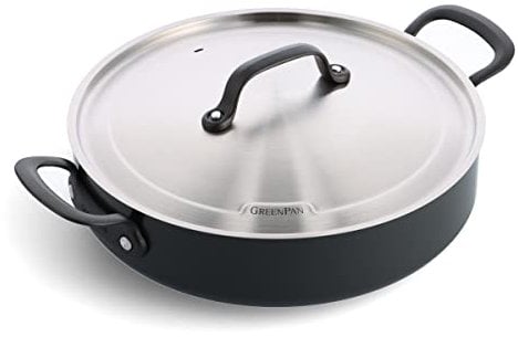 GreenPan Craft Sauteuse en céramique anodisée dure antiadhésive de 24 cm/4,9 litres avec poignées latérales et couvercle, sans PFAS, à induction, lavable au lave-vaisselle, allant au four, noir
