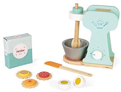 Janod - Set du Petit Pâtissier - Robot Batteur en Bois avec Bouton et Fouet Rotatif + 6 Accessoires - 1 Spatule, 3 Cookies, 1 Oeuf et 1 Boîte de Farine - Jouet d'Imitation - De 3 à 8 Ans, J06605