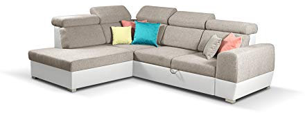 MOEBLO Ecksofa mit Schlaffunktion mit Bettkasten Sofa Couch L-Form Polstergarnitur Wohnlandschaft Polstersofa mit Ottomane Couchgranitur mit Bettfunktion - Aldo (Beige, Ecksofa Links)
