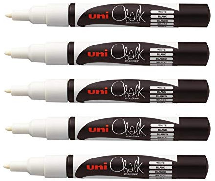 Uni-Ball Chalk Marker 1.3mm, 5er Pack, Weiß, Feine Rundspitze, Kreidemarker