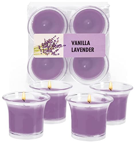 Hyoola Velas Votivas con Perfume - Velas Aromáticas en Vaso Transparente - Velas Perfumadas con Vainilla y lavanda - Violeta Claro - 12 Horas de Combustión - Pack de 4 - Hechas en Europa