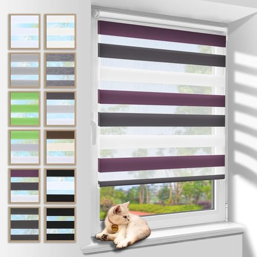 Zarnan Doppelrollo Klemmfix ohne Bohren Weiß-anthrazit-lila 45x120cm(Stoffbreite 41cm) Duo Rollo Blickdicht Zebrarollo Rollos für Fenster ohne Bohren für Wohnzimmer Küche Büro lichtdurchlässig