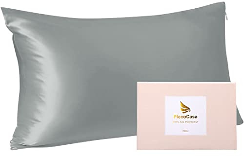 PiccoCasa Seide Kissenbezug 40x80 Kissenbezug aus 100% Seide 22 Momme kopfkissenbezug Haare und Hautpflege mit Reißverschluss & Geschenkbox Grau 40x80cm