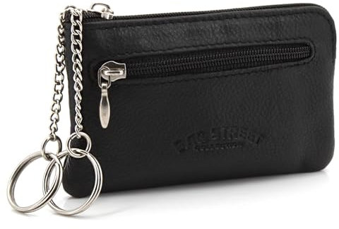 Leder Schlüsseltasche Schlüsseletui mit 2 Fächern für Geld Münzen – Schlüsselmäppchen mit 2 Ringen (Schwarz)