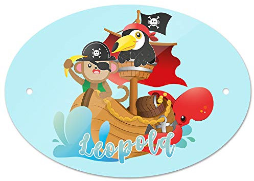 Eurofoto Türschild mit Namen Leopold und Tier-Piraten-Motiv | Kinderzimmer-Schild
