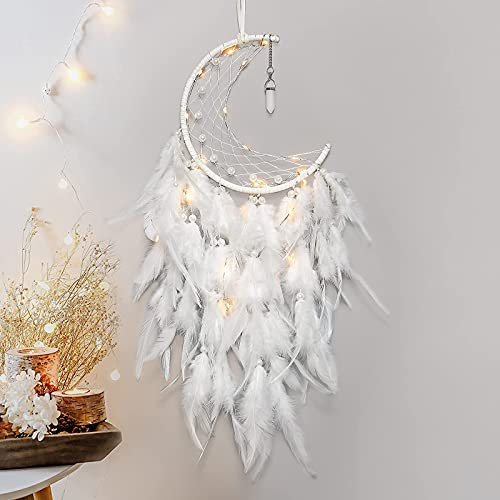 Dremisland Led Traumfänger Mond Handgefertigt Dreamcatcher Bastelset Traumfänger Kinder Weiß Federn Wandbehang Ornament für Zuhause Schlafzimmer Wanddekoration Handwerk Geschenk