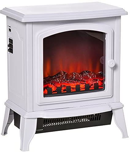HOMCOM Chimenea Eléctrica 1000/2000W Chimenea Decorativa de Pie con Efecto de Llama Termostato Ajustable y Protección contra Sobrecalentamiento para Salas 20-25 m² 36,5x24x45,5 cm Blanco