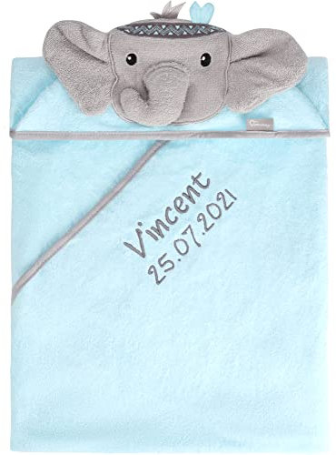 Be Mammy Kapuzenhandtuch Babyhandtuch aus Baumwolle Bestickt mit Name und Geburtsdatum 95cm x 95cm BE20-282-BBL (Blau - Elefant)