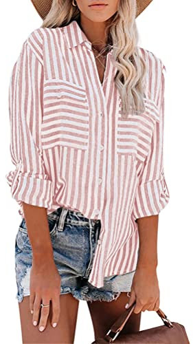 Tomwell Femmes Chemise Rayée Casual À Manches Longues Chemise Chemisier Bouton Bas Élégant Automne Hiver Slim Bouton Blouse Tops Shirts A Rose S
