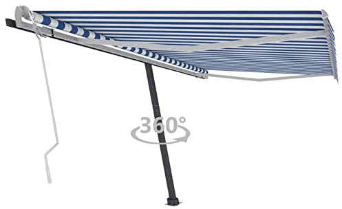 Leepesx Standmarkise Einziehbar Handbetrieben, Balkon Markise, Markise Baldachin, Sonnenschutz Balkon, Balkon Regenschutz, Markise Wasserdicht, Balkon überdachung, 400x300 cm Blau/Weiß
