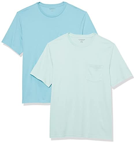 Amazon Essentials Men's Short-Sleeve Crewneck Pocket T-Shirts, Pack of 2, Aqua Blue/Light Blue, XS