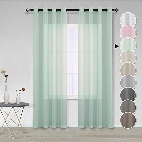 2 Stück Vorhang, Mintgrün, 140 x 245 cm, mit Ösen, halbtransparent, in Leinen-Optik, Dekoration für Wohnzimmer, modern, Schlafzimmer, Küche, Balkon, Glasfenster, leicht, romantisch