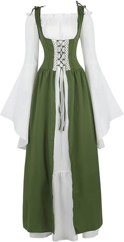 Josamogre Robe Medievale Femme Renaissance Robes Maxi Parti Costume Vintage Déguisements Halloween Gothique Carnaval Victorien Vert 3XL