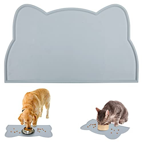 Silicone Cat Food Mat, Non Slip Dog Bowl Mat - Stop Food Water Spills, Waterproof for Floors (44 * 25.5CM, Grey)