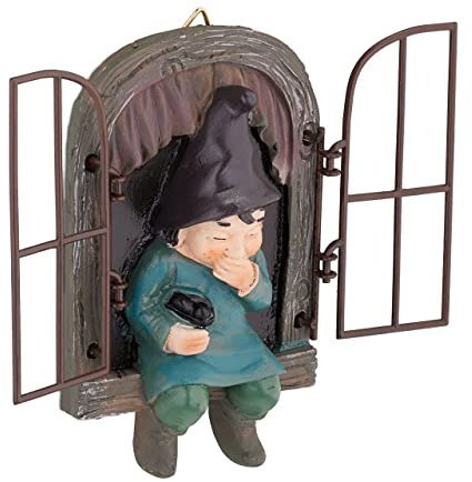 Relaxdays Zwerg mit Fenster, wetterfest, Baumstamm Deko, H x B: 15 x 9 cm, Baumwichtel zum Aufhängen, Kunststein, bunt