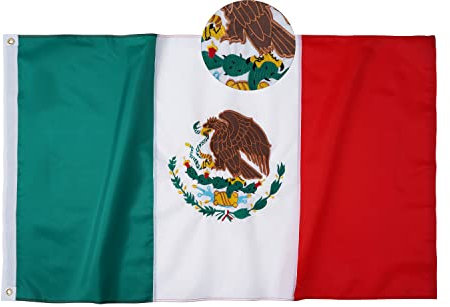 FRF FLAG Mexikanische Flagge, 90 x 150 cm, 210D Nylon, Mexiko-Flaggen, Stickerei, Bandera de Mexiko, mit 2 Messingösen und 4 Reihen von unteren Stichen, mexikanische Flaggen für die Wand