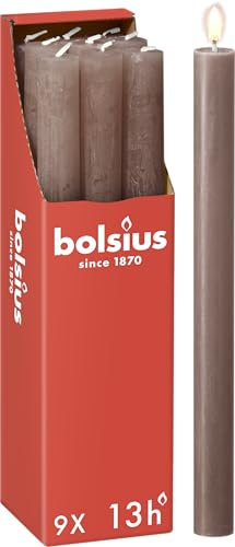Bolsius Rustic Dinner Candles - Taupe - Pack of 9 - Long Burning Time of 13 Hours - Household Candle - Interior Decoration - Unscented - Includes Natural Vegan Wax - 27 x 2.3 cm