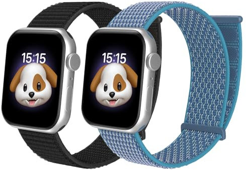 BlackPro Apple Watch-Armband für Kinder, atmungsaktiv, weiches Nylon-Armband für Jungen und Mädchen, kompatibel mit Apple Watch Series 7/6/5/4/3/2/1/SE, 45 mm (38/40/41 mm, schwarz und meerblau)