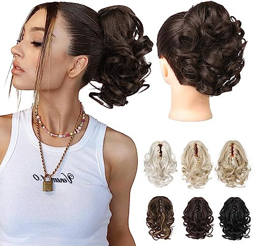 REECHO Pferdeschwanz Haarverlängerung, 23 cm Kurze lockige gewellte Haarklammer Haarteil Pferdeschwänze Haarverlängerungen Haarteile für Frauen Ponytail Extension - Dunkles Schokoladenbraun