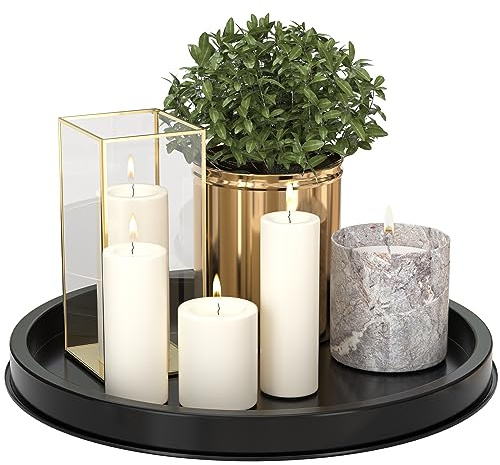 HGF Decorative Tray for Coffee Table 13 Inch Metal Iron Round Serving Trays for Kitchen Sink Counter Organizer Dining Table Centerpiece for Candle Vase Black Round Tray for