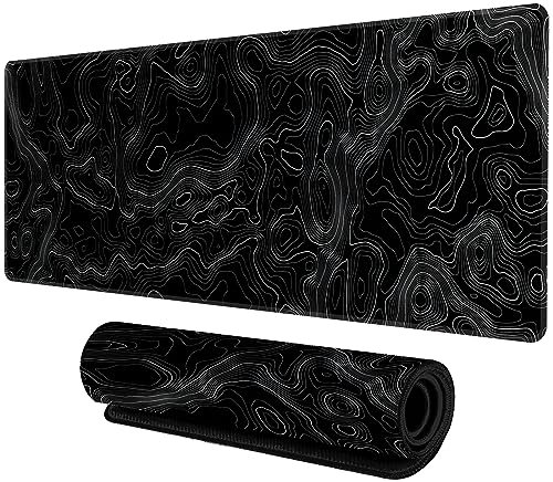 Topographic Contour Black Large Mouse Pad,Gaming Mouse Pad Mousepad Extended Kanagawa Mouse Mat Desk Pad,XL Mousepad Desk Mat with 3mm Thick Long Non-Slip Rubber Base Mice Pad,31.5 X 11.8 Inch