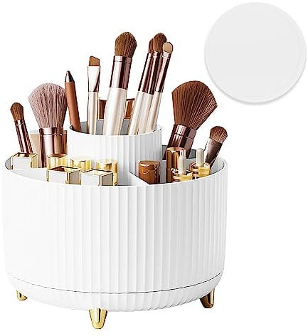 Hebaogugu 360°Makeup Brushes Organizer with Anti-slip Mat, Plastic Rotating Skin Care Organizer, 5 Slots Lazy Susan Cosmetic Storage Tray, Round Display Case for Essential Oil, Lotion