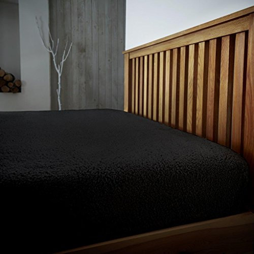 Teddy Sherpa Fleece Fitted Bed Sheet Thermal Super Soft Warm Cosy Luxurious Plain Teddy Bear Fleece Bed Sheets (Black, Double)