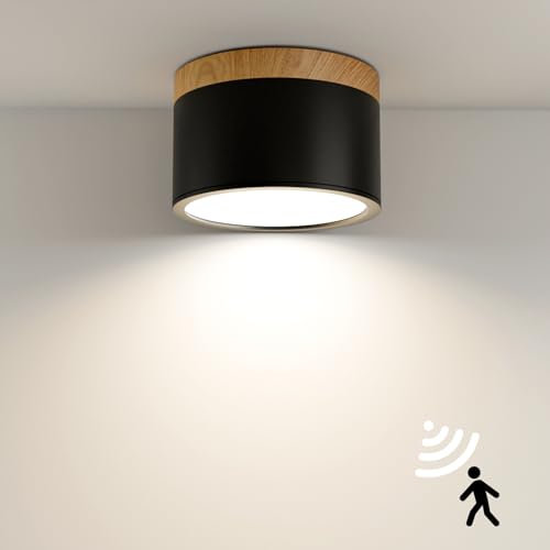 QHENS LED Aufputz Deckenleuchte mit Bewegungsmelder, 12W 230V Ø10.8CM Sensor Aufbauleuchte Deckenspot 4000K Schwarz für Treppen/Korridore/Flure, Aufbauspot aus Aluminium