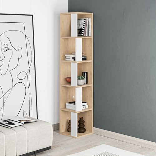 HOCUS PICUS 5 Tier Corner Bookcase with Many Colour Options, Oak, White | Easy to Assemble, Living Room Furniture, Book Storage, Display Unit, 161x34x34cm