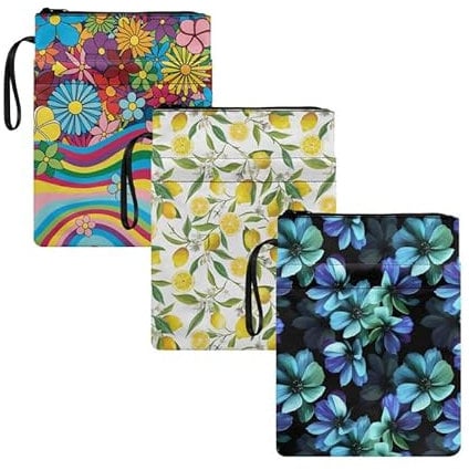 Jndtueit Buchhüllen mit Reißverschluss für Kinder, 3 Stück, Cartoon-Zitronen-Bücher-Schutzhülle, Blumen-Bürobedarf mit Tasche, Buntes Hippie-Blumenmuster