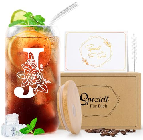 A-Z Buchstaben Personalisierte Geschenke für Frauen Männer Freundin Mama zum Geburtstag Weihnachten Valentinstag Geschenke für Frauen Ihn Sie Oma Paare, Glasbecher mit Deckel und Strohhalm