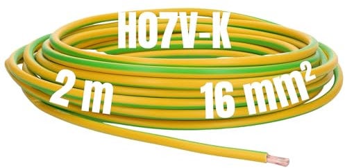 Kalitec 2 Meter H07V-K 16 mm² grün-gelb Verdrahtungsleitung I Aderleitung flexibel I Verdrahtung Erdungskabel I Schutzleiter 16mm2 I Litze PVC Einzelader I Verdrahtung feindrätig I Einzelleitung