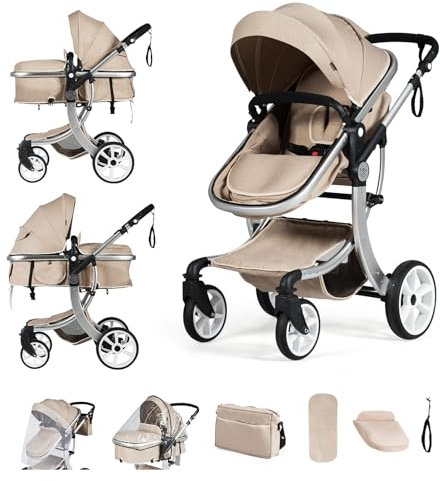 COSTWAY 2 in 1 Kinderwagen faltbar, Kombikinderwagen mit verstellbarer Rückenlehne & Verdeck, Reisebuggy tragbar mit Sonnenschutz, Wickeltasche für Baby bis 3 Jahren, 25 kg Belastbar (Beige)