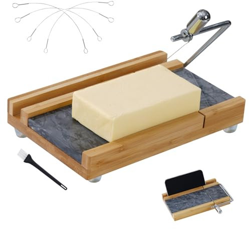xinglinsaiter Cheese Slicer Cheese Cutter with 4 Replacement Cutting Wire,Heavy Duty 8.26x 5.43,Marble Board Cheese Slicer for Block Cheeses, Butter, Sausage,Cakes and More(Black Grey)