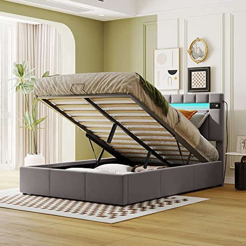 Polsterbett 140x200cm, LED Doppelbett mit Stauraum, Kopfteil mit Aufladen USB und Bluetooth-Player, Hydraulisch Stauraumbett Funktionsbetten Rückenlehne Bettgestell, Samtstoff, Ohne Matratze, Grau