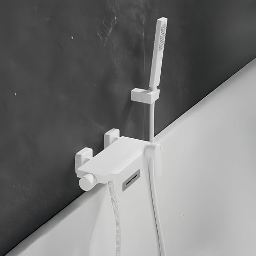 SJQKA Mitigeur Baignoire Cascade avec Douchette Robinet de Baignoire en Laiton Robinet Douche Montage Mural (Blanc)